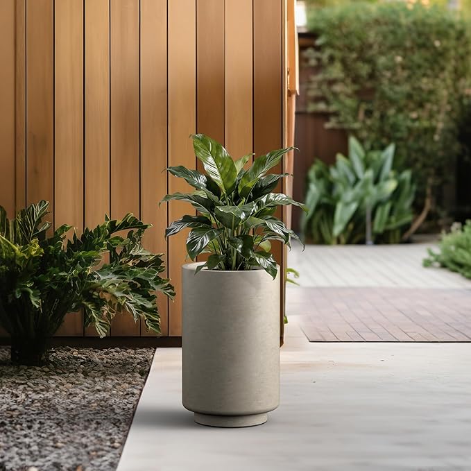 Kante 20.1 Inch Tall Concrete Planter, Round Pedestal Design Garden Pot for Indoor Outdoor Plants, Modern Garden Pot with Drainage Hole, Weathered Concrete Finish with Painted Interior