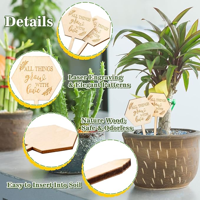 AnyDesign 30Pcs All Things Grow with Love Labels Succulent Tags Hexagon Wooden Plant Stakes Labels Garden Marker Plant Sign for Seed Potted Teacher Appreciation Gift Thanksgiving Baby Shower