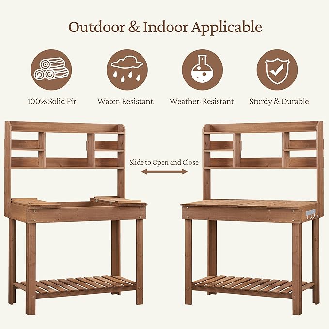 Yaheetech Potting Bench Table Horticulture Germination Table & Outdoor Garden Work Bench Platform w/Display Rack/Storage Shelf/Hanger/Thoughtful Sink Brown