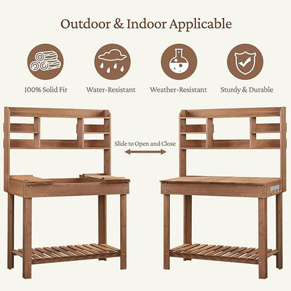 Yaheetech Potting Bench Table Horticulture Germination Table & Outdoor Garden Work Bench Platform w/Display Rack/Storage Shelf/Hanger/Thoughtful Sink Brown