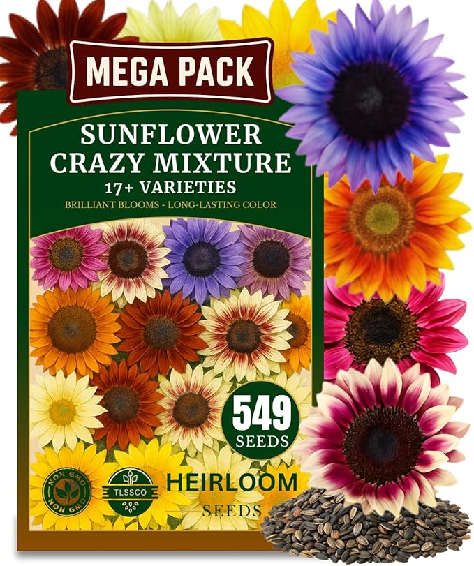 Sunflower Seeds for Planting (17 Varieties, Crazy Mixture), 549+ USA Premium Non-GMO Sunflower Seeds for Planting Indoor & Outdoor, Attracts Butterflies & Bees, Pack for 2026