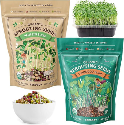 Seedboy Organic Non-GMO Sprouting Seeds, Superfood & Protein Blend - 2 Pack Bundle - USA Grown Sprouting & Microgreens Seeds - Two 8 oz Bags Makes 12 Quarts / 36 Servings (Superfood/Protein)