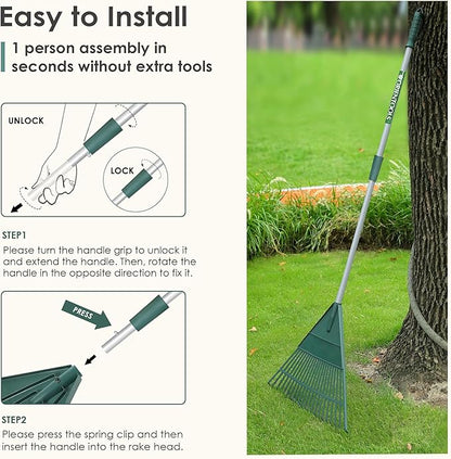 ORIENTOOLS Rake for Leaves,Adjustable Garden Leaf Rake ,Lightweight Steel Poly Yard Rake，22 Tines, 42 to 60 Inches (Silver Handle)