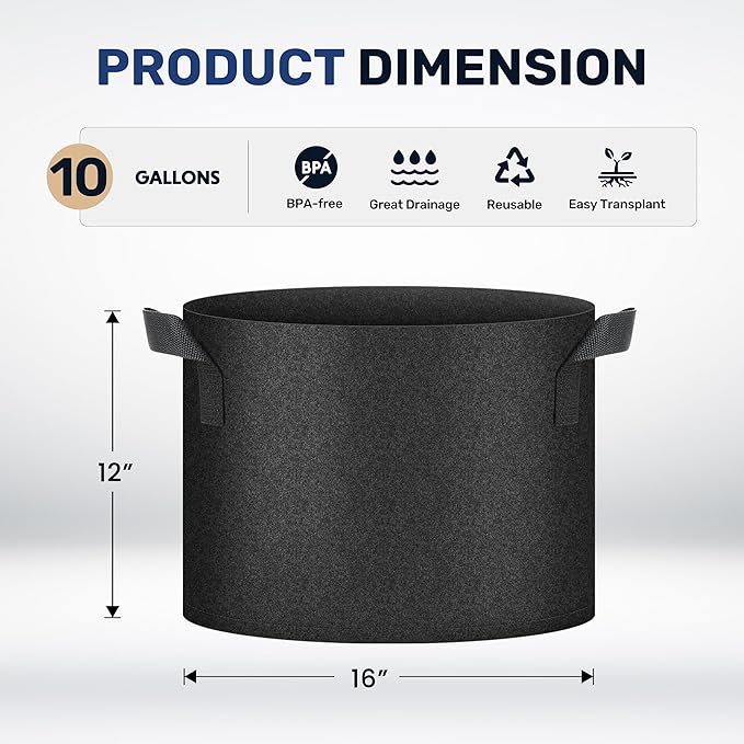 Simple Deluxe 10 Gallon 20 Pack Grow Bags with Handles, Vegetable/Flower/Plant Nonwoven Aeration Fabric Plant Pots Gardening Planter for Potato, Tomato and Fruits, Black