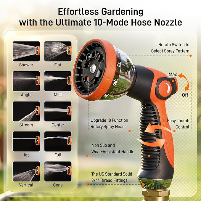 Garden Hose, 75ft 5/8" Heavy Duty Rubber Water Hose w/ 10-Mode Spray Nozzle, 550 PSI Burst, 360° Anti-Kink Swivel Connectors, All-Weather Flexible, Leakproof 3/4" Brass Male to Female Fittings