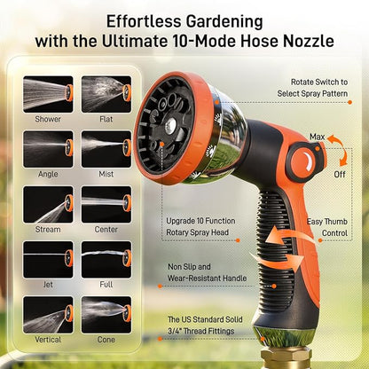 Garden Hose, 100ft 5/8" Heavy Duty Rubber Water Hose w/ 10-Mode Spray Nozzle, 550 PSI Burst, 360° Anti-Kink Swivel Connectors, All-Weather Flexible, Leakproof 3/4" Brass Male to Female Fittings