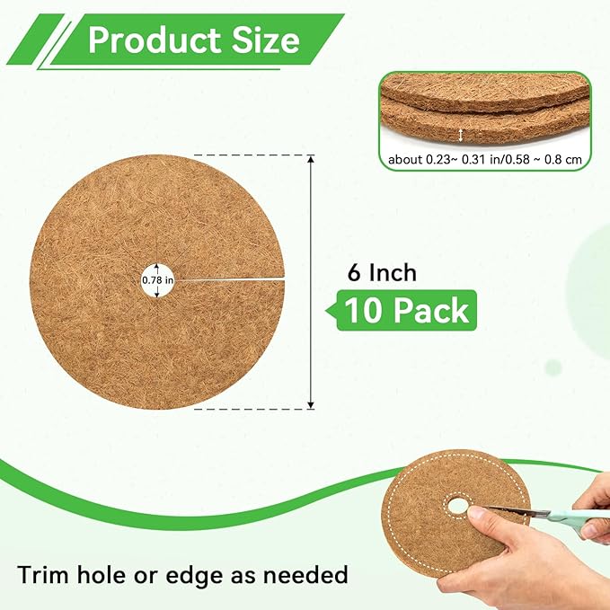 ZeeDix 10 Pack Coconut Fiber Mulch Ring, 6 Inch Coco Coir Tree Ring Mulch Mat, 100% Natural Tree Protector Mat Plant Cover Ring Coconut Coir Discs Tree Mats Mulch Rings for Indoor Outdoor Trees Plants