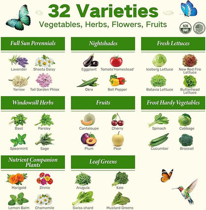 USDA Zone 8 Heirloom Seed Bank, 30,000+ Non-GMO 32 Varieties of Seeds for Planting Vegetables Herbs, Survival Seed Kit for Raised Garden Bed Greenhouse, Gardening Gifts for Mom Women Men