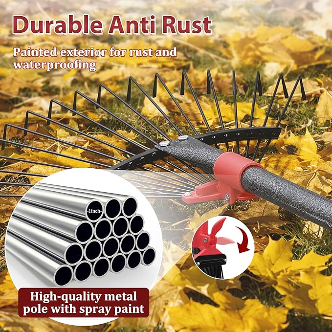 61 Inch Rake for Leaves , Adjustable 18 Tines with Expandable Head 9-18in Grass Rake Heavy Duty Metal Rakes for Women Children Yard Gardener Gardening Grass Debris Lawns