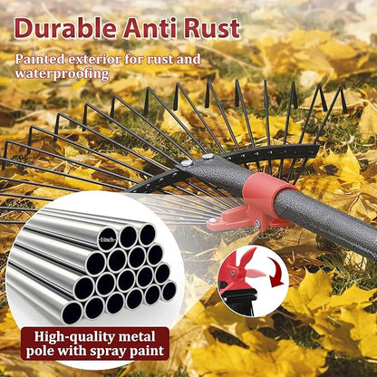 61 Inch Rake for Leaves , Adjustable 18 Tines with Expandable Head 9-18in Grass Rake Heavy Duty Metal Rakes for Women Children Yard Gardener Gardening Grass Debris Lawns