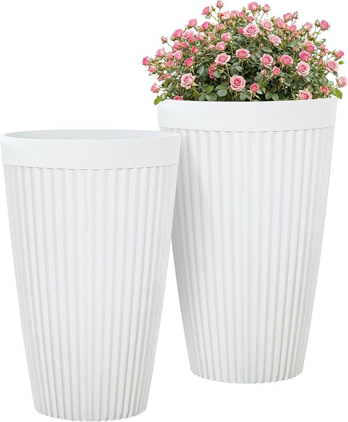20" Tall Planters for Indoor Outdoor Plants (Set of 2), Cement-Look Large Flower Pots, High-Desity Resin Planters, UV-Protected Outdoor Pots for Garden, Balcony, Porch or Living Room Decor