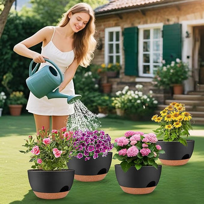Plant Pots 12inch Self Watering Pots, Set of 2 Plastic Planters with Drainage Holes and Saucers, Flower Pots for Indoor Outdoor Plants (Black)