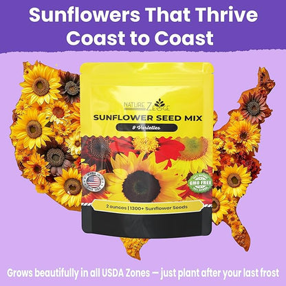 NatureZ Edge 1300+ Sunflower Seeds Garden Variety Pack, Bulk Sunflower Seeds for Planting Flowers, Get More Sunflower Seeds to Plant, Mammoth, Dwarf, Lemon Queen, Giant and More. 2oz Packet