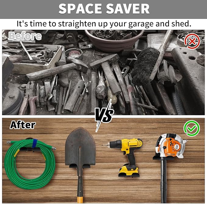 Upgraded Trimmer Rack Wall Mount - 8" Heavy Duty Weed Eater Hanger for Garage Wall Bracket, Garden Power Tool Holder Organizer Hooks for Grass Trimmer, Hedge Trimmer, Leaf Blower and Chainsaw, Black4