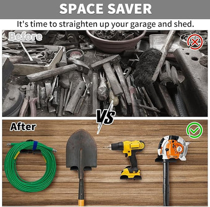 Upgraded Trimmer Rack Wall Mount - 8" Heavy Duty Weed Eater Hanger for Garage Wall Bracket, Garden Power Tool Holder Organizer Hooks for Grass Trimmer, Hedge Trimmer, Leaf Blower and Chainsaw, Black