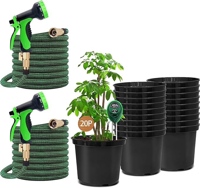 5 Gallon Nursery Pots (20-Pack) + 50ft Garden Hose with Spray Nozzle 2P + 3-in-1 Soil Tester 2P for Moisture/Light/pH | All-in-One Gardening Kit for Indoor/Outdoor Plants