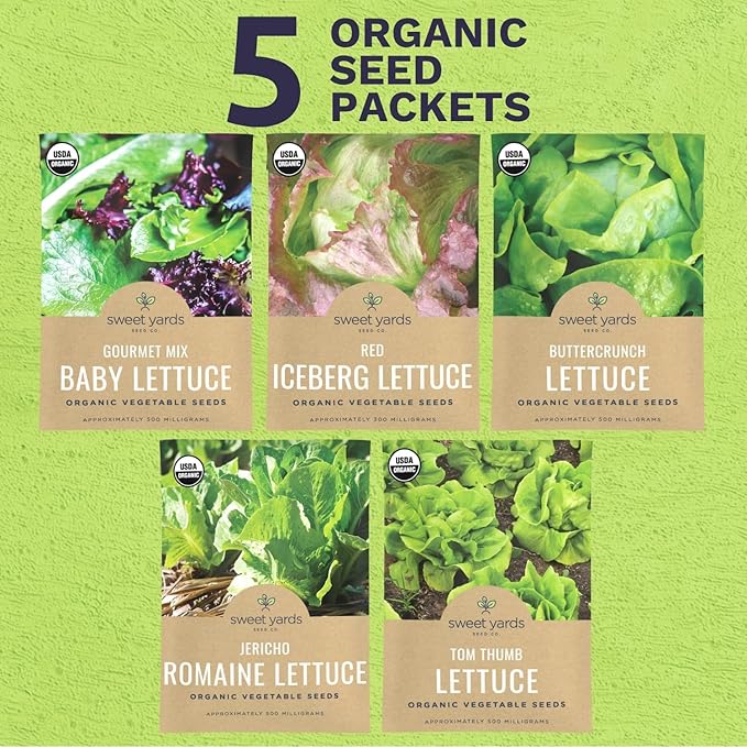 Organic Lettuce & Greens Seeds Variety Pack - 5 Individual Packs - 2026 Season - Buttercrunch, Gourmet Mix, Romaine, Tom Thumb & Iceberg. for Indoor & Outdoor Planting (Non-GMO, Certified Organic)