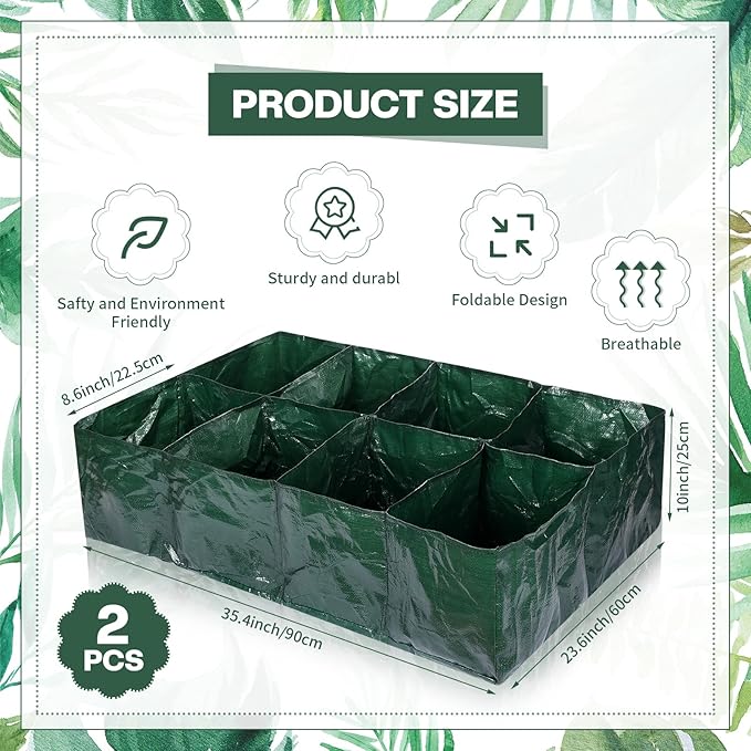 Irenare 2 Pcs 35 Gallon Fabric Raised Garden Beds Planters PE Planting Bed with 8 Divided Grids Rectangle Garden Beds Outdoor Flower Bed with 8 Drainage Holes for Vegetables Fruits Flowers(Green)