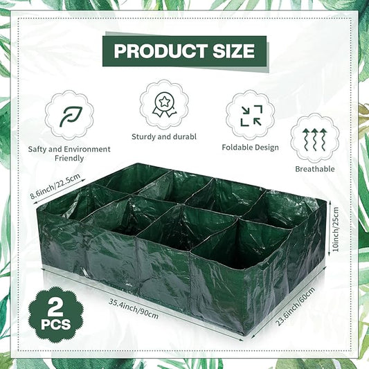 Irenare 2 Pcs 35 Gallon Fabric Raised Garden Beds Planters PE Planting Bed with 8 Divided Grids Rectangle Garden Beds Outdoor Flower Bed with 8 Drainage Holes for Vegetables Fruits Flowers(Green)