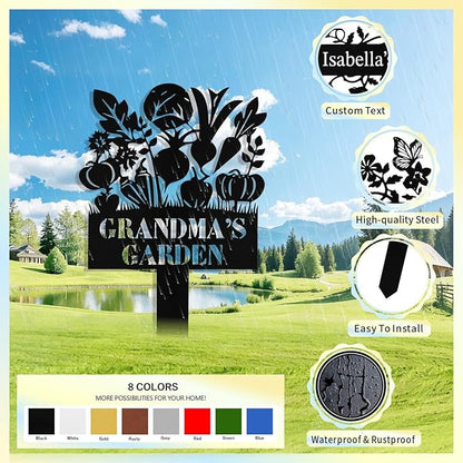 Custom Metal Vegetables Garden Sign with Stake, Personalized Garden Signs for Outside, Customized Garden Name Signs for Yard Lawn Outdoor Decor Gardening Gifts for Moms Grandmas Gardeners