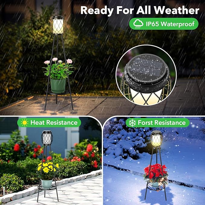 MXwcy Solar Lights Outdoor with Plant Stands 2 Pack, Solar Floor Lamp Metal Tripod Patio Lights for Garden Yard Pathway Driveway Front/Back Porch Decoration