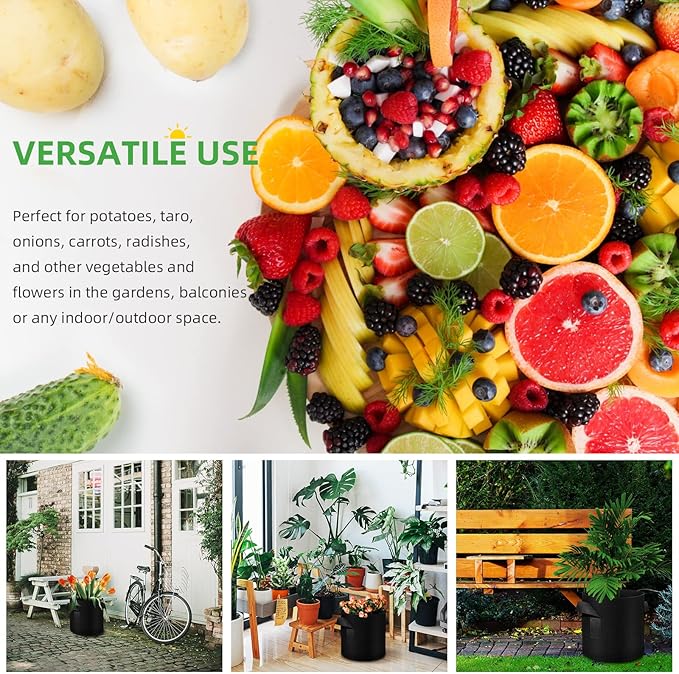 5 Pack 10 Gallon Grow Bags, Heavy Duty Thickened Nonwoven Fabric Pots with Handles, Planter Grow Bags for Vegetables/Flower/Plant/Fruits, Black