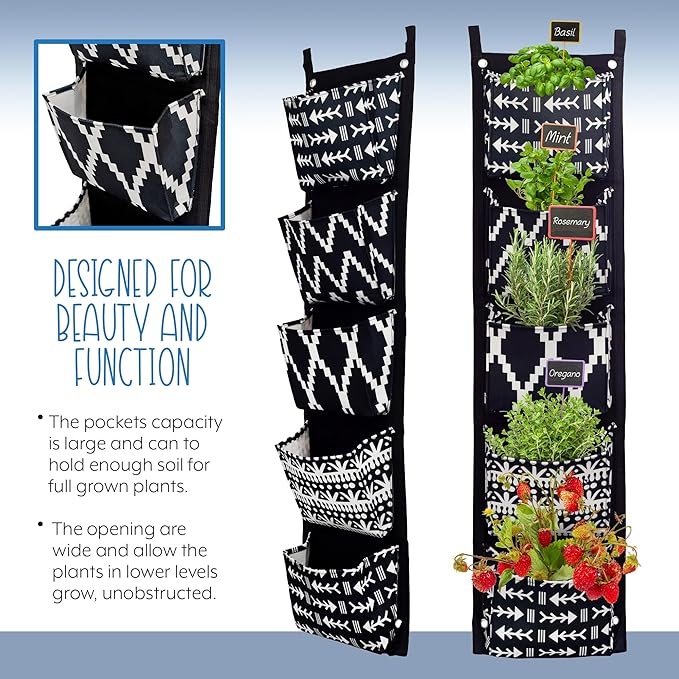 Boho Fabric Hanging Planter (3 Sets of 5 Pockets); Vertical Hanging Herb/Flower Planter