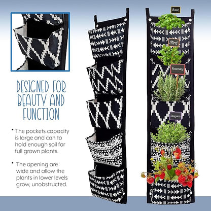Boho Fabric Hanging Planter (3 Sets of 5 Pockets); Vertical Hanging Herb/Flower Planter