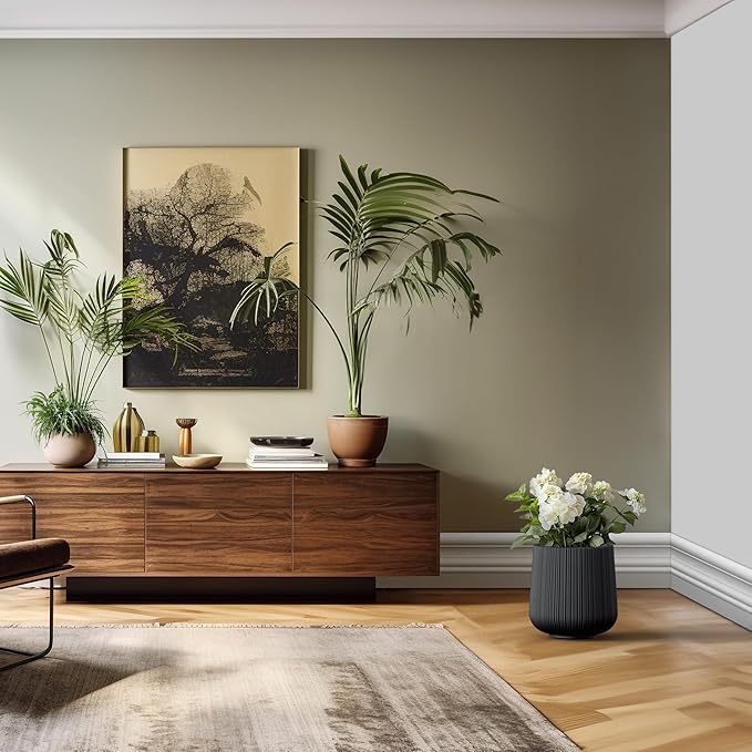 Kante 13.0" Dia Round Fluted Concrete Planter, Large Plant Pot with Drainage, Smooth Black Finish with Painted Interior, for Indoor and Outdoor Use