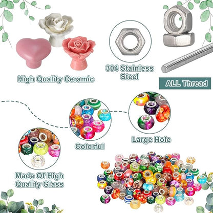 Tigeen 236 Pcs Garden Stake DIY Fairy Wand Plant Stake with 12 Colorful Crystal Stopper Top 12 Threaded Rod with 200 Large Hole Bead for Spring Summer Holiday Outdoor Decorations(Ceramic Rose Heart)