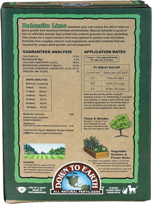 Down To Earth All Natural Fertilizers Organic Prilled Dolomite Lime - Calcium Magnesium Carbonate Raises Soil pH for Vegetable Gardens, 5 lb