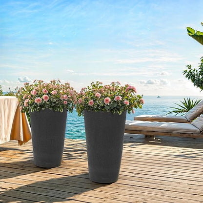 24" Tall Planters Set of 2, High-Density Resin Charcoal Outdoor Pots for Plants, Versatile Indoor/Outdoor Flower Pots w/Drainage Hole for Patio, Garden, Porch & Living Room Decor, Ideal Gift