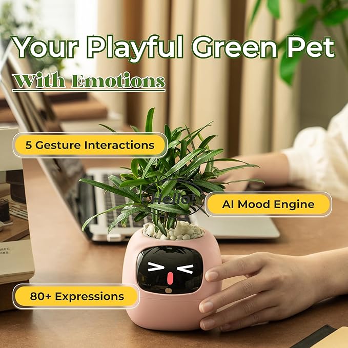 Ivy AI Smart Plant Pot with Emoji Intelligent Planter Robot for Houseplants Tamagotchi Flower Pot Stylish Plantagotchi Home Decor(Blush)