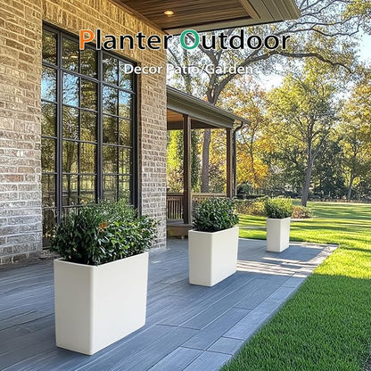 Rectangular Planter Box for Outdoor Plants, Large Tall Resin Flower Pots for Garden, Front Porch, Patio, Indoor (White, 25 x 21 inch)