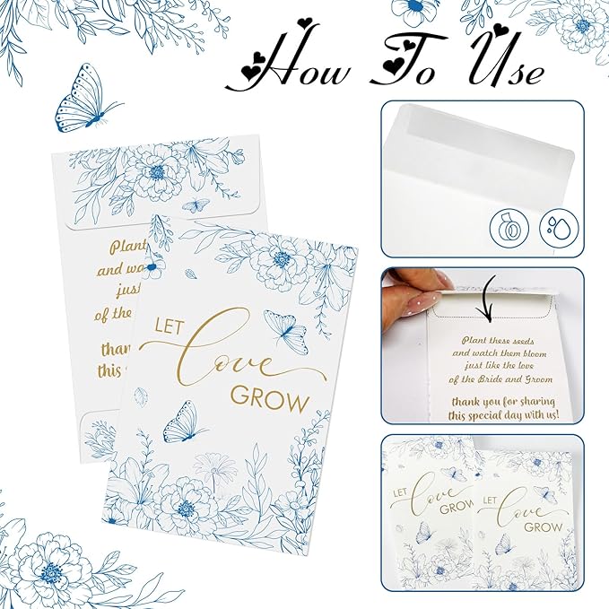 Cinrobiye 50 Sets Let Love Grow Wedding Favors for Guests Seed Packet Bags (Seed Not Include) with Tags & Labels Flowerpot for Bridal Shower Party Favors Bulk Wedding Souvenirs for Guests(Blue Floral)