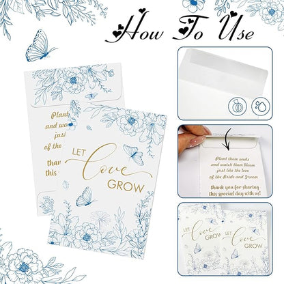 Cinrobiye 50 Sets Let Love Grow Wedding Favors for Guests Seed Packet Bags (Seed Not Include) with Tags & Labels Flowerpot for Bridal Shower Party Favors Bulk Wedding Souvenirs for Guests(Blue Floral)