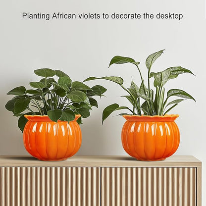 African Violet Pots, Self-Watering Ceramic Planter – 6 Inch Pot for Indoor Plants, Simple Self-Watering Design for Home & Office Décor, Bright Pumpkin Orange