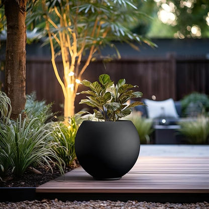 Kante Round Concrete Flower Pot, 19.3 Inch Dia (14" Opening) Sphere Shape Design Planter with Drainage Hole and Rubber Plug for Indoor & Outdoor Plants, Black Finish with Painted Interior