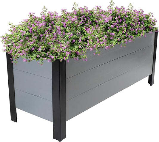 Sunnydaze Acacia Wood Rectangular Planter Box - 14.75" H Wooden Raised Garden Bed with Removable Polyethylene Planter Bag - Gray
