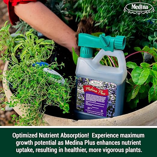 Medina Plus Soil Activator - Liquid Soil Loosener for Lawns & Gardens - Micronutrient-Rich Soil Conditioner & Softener - Used with House Plant Fertilizer, Liquid Plant Food for Houseplants - 1 End Qt