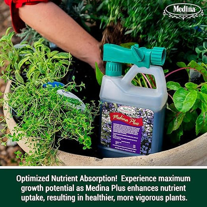 Medina Plus Soil Activator - Liquid Soil Loosener for Lawns & Gardens - Micronutrient-Rich Soil Conditioner & Softener - Used with House Plant Fertilizer, Liquid Plant Food for Houseplants - 1 End Qt