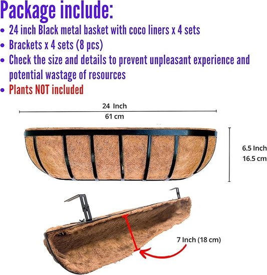 LaLaGreen Railing Planter Box (24 Inch, 4 Pack) Black Metal Rectangular Hanging Planters with Coco Liner, Flower Boxes Brackets for Deck Railings Outdoor Plants Over Rail Fence Balcony Patio Porch