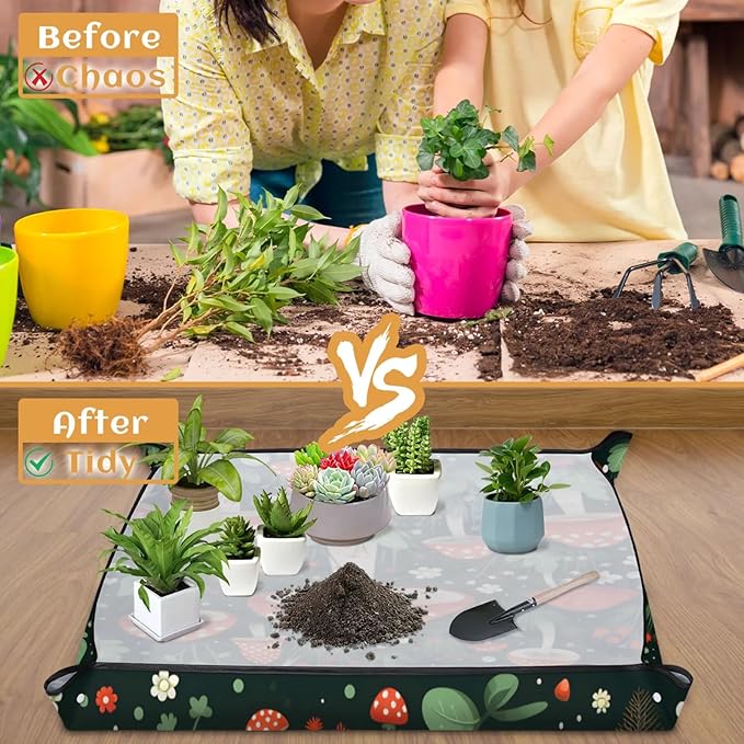 Large Repotting Mat for Indoor Plant 39.4"x39.4" Flowers Mushrooms Soil Change Mat Waterproof Planting Tray Colorful Mushrooms Foldable Succulent Potting Mat Gardening Gifts for Women Men Plant Lovers