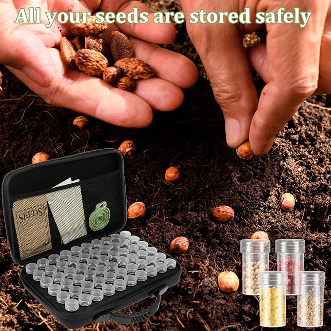 60 Slots Seed Storage Organizer Box with 7 Envelopes, 63 x Label Stickers Garden Seed Organizer with Zipper Bag Storage Container for Vegetable Flower Plants Garden (Black)