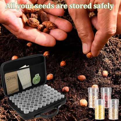60 Slots Seed Storage Organizer Box with 7 Envelopes, 63 x Label Stickers Garden Seed Organizer with Zipper Bag Storage Container for Vegetable Flower Plants Garden (Black)