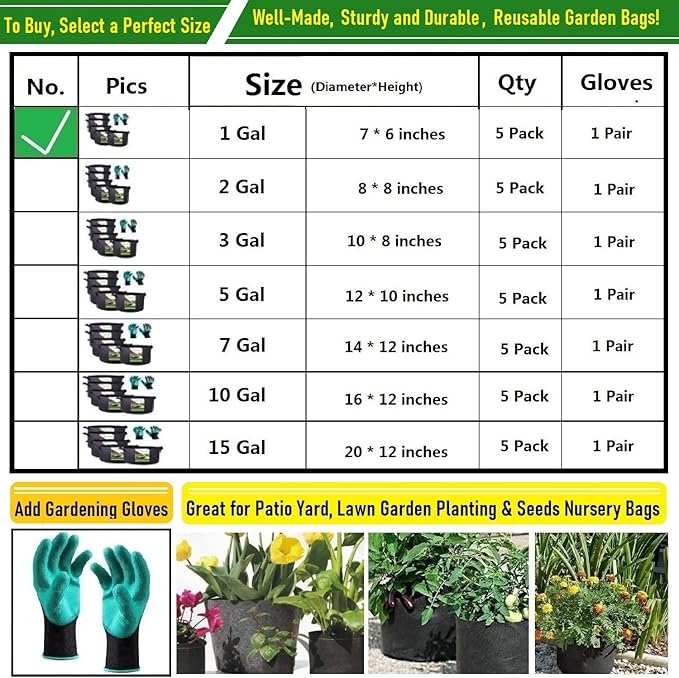 5-Pack 1 Gallon Thickened Plant Grow Bags (7x6 inch) Nursery Bags Fabric Plant Pots Garden Bag for Flower Pot,Herbs Veggies Planter Bag,Garden Pots,Barrel Planter,Plant Container with Gardening Gloves