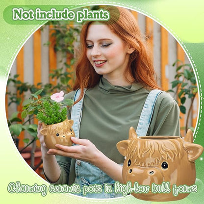 Sieral 2 Pcs Highland Cow Succulent Pots with Drainage Cute Animal Ceramic Planter Pots Plants Holder Cow Shaped Cactus Flower Container for Home Display and Office Desk Decoration