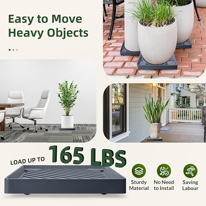 2PCS Square Plant Caddy with Hidden Wheels, Heavy Duty Rolling Plant Stand Caddy with Wheels, Pot Base for Indoor Outdoor, Gray, 11 inches