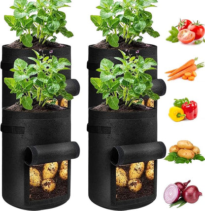 JJGoo 4 Pack Potato Grow Bags 10 Gallon with Flap, Heavy Duty Fabric with Handle and Harvest Window, Non-Woven Planter Pot Plant Garden Bags to Grow Vegetables Tomato, Black