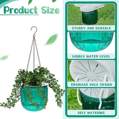 Meanplan 4 Pcs Self Watering Hanging Planter Indoor 6.5 Inch Hanging Baskets for Plants Outdoor Plastic Flower Pot with 3 Hooks Chains Drainage Holes for Garden Home, Medium Size(Emerald)